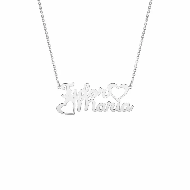 Lantisor cu nume, Argint 925 Premium (doua nume si inimioare)