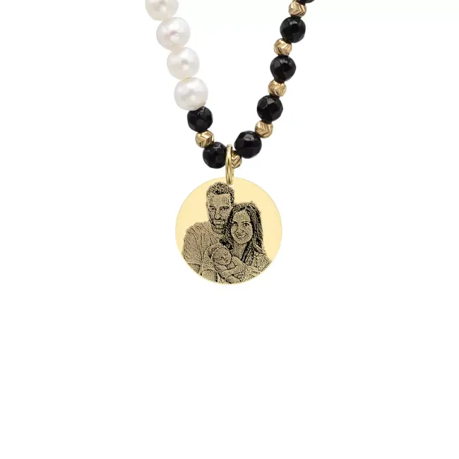 Colier Argint dama, mix perle, onix, bilute si banut, personalizat cu poza (17mm)