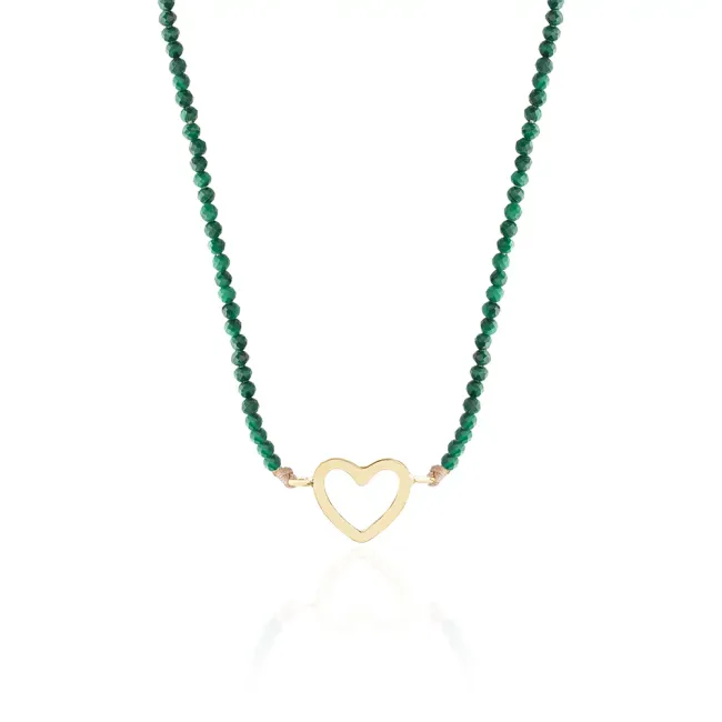 Colier Aur 14K Premium dama, reglabil - snur, malachit si inima (14 mm)