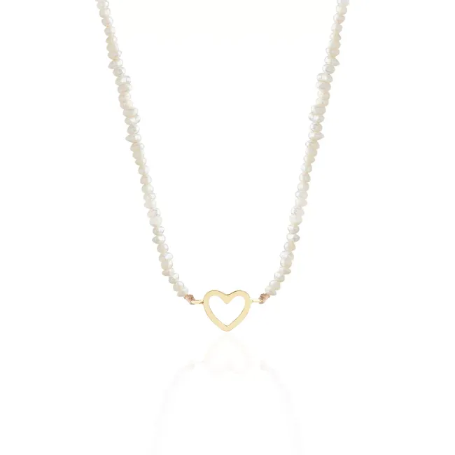 Colier Aur 14K Premium dama, reglabil - snur, perle de cultura si inima (14 mm)