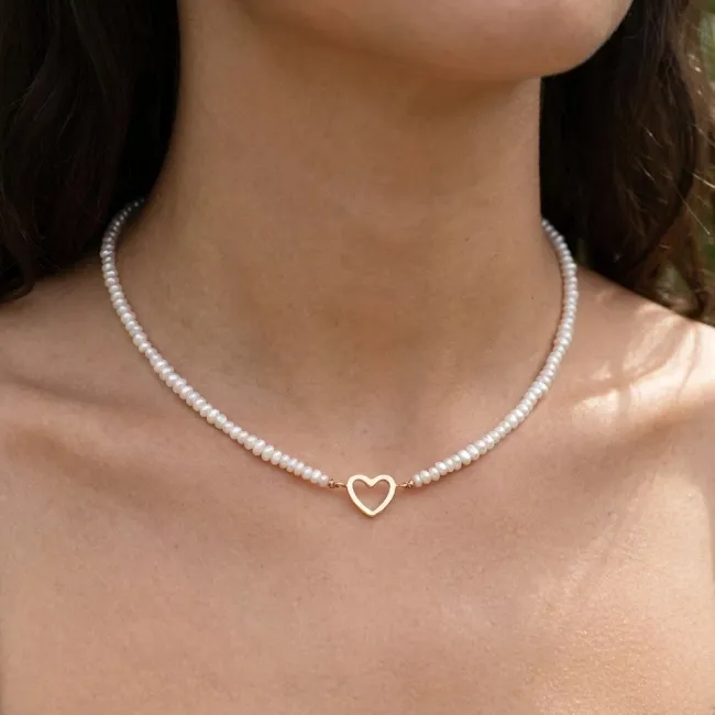 Colier Aur 14K Premium dama, reglabil - snur, perle de cultura si inima (14 mm) picture - 5