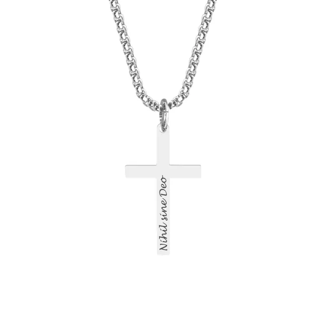 Colier cruce si lant masiv, Inox Premium hipoalergenic, gravura text ( 42mm)