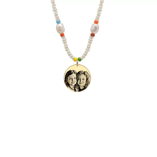 Colier cu perle, discuri colorate si banut Argint, personalizat cu poza (14.5 mm)