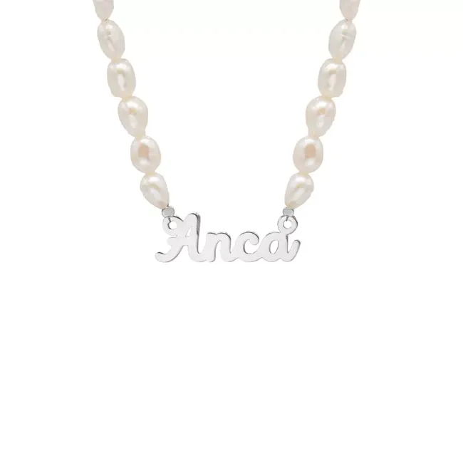 Colier cu perle si decupaj nume Argint