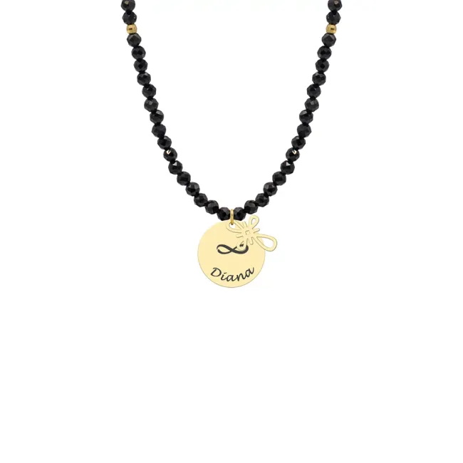 Colier cu pietre negre Spinel, bilute, cruce si banur Aur, personalizat (10 & 12 mm)