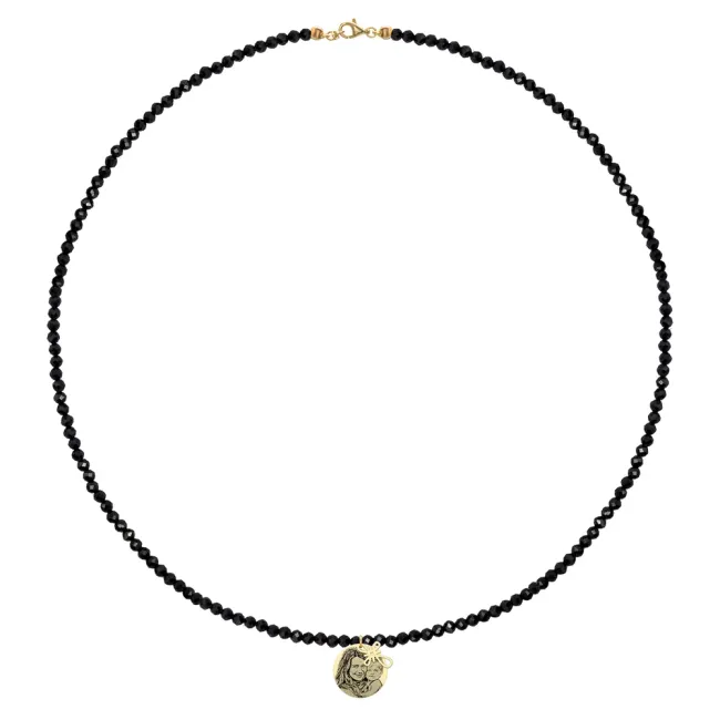 Colier cu pietre negre Spinel, bilute, cruce si banur Aur, personalizat cu poza (10 & 12 mm)