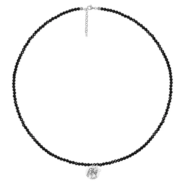 Colier cu pietre negre Spinel, cruce (10 mm) si banut Argint,  gravat laser 4life cu poza (14 mm)