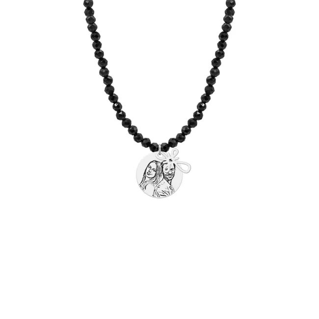 Colier cu pietre negre Spinel, cruce (10 mm) si banut Argint,  gravat laser 4life cu poza (14 mm)