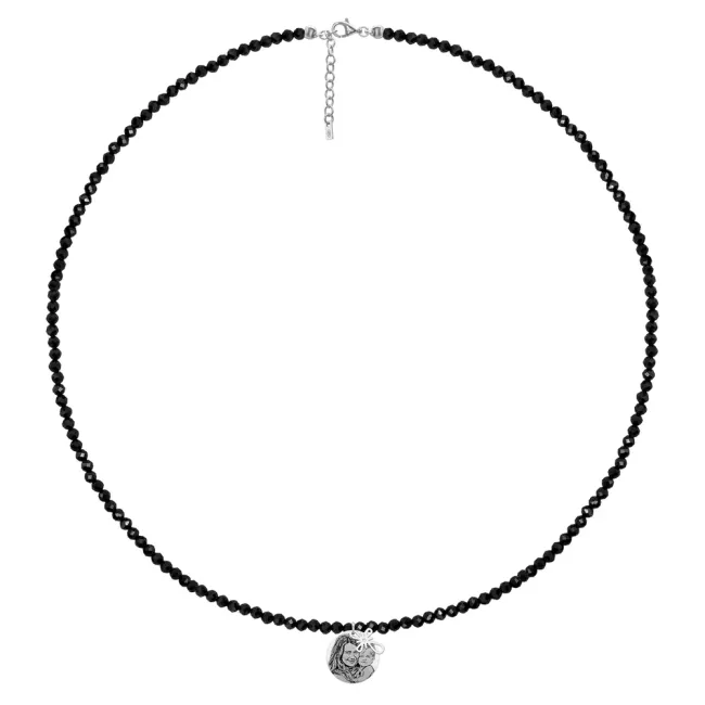 Colier cu pietre negre Spinel, cruce (10 mm) si banut Argint, personalizat cu poza (14 mm)