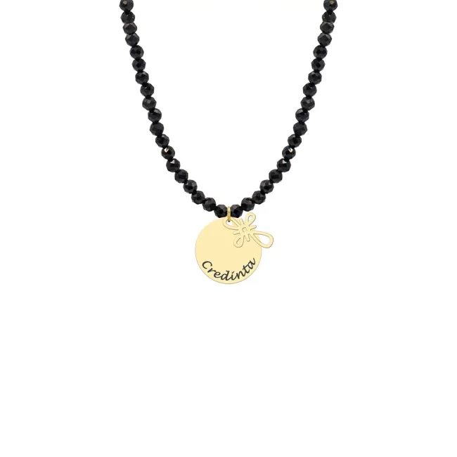 Colier cu pietre negre Spinel, cruce (10 mm) si banut Argint, personalizat cu text (14 mm)