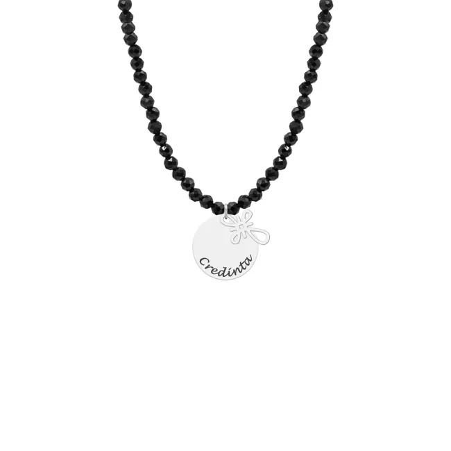 Colier cu pietre negre Spinel, cruce (10 mm) si banut Argint, personalizat cu text (14 mm)