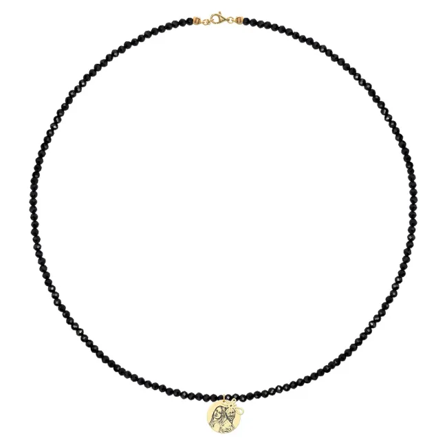 Colier cu pietre negre Spinel, gravat laser 4life cu poza, cruce si banut Aur (10 & 12 mm)