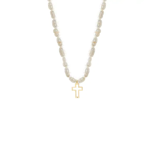 Colier damă, Aur 14K Premium - Cruce decupată si perle de cultură 12mm