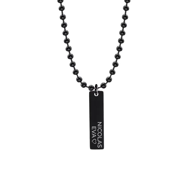 Colier placuta si lant, Inox Premium hipoalergenic, gravura text, finisaj obsidian ( 41mm)