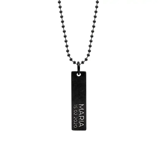 Colier placuta si lant, Inox Premium hipoalergenic, gravura text, finisaj obsidian ( 41mm)