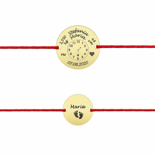 Bratari Aur 14K Premium, snur reglabil mama si copil banuti 15 mm/ 10 mm personalizate gravura cu poza (ceasul bebelusului)