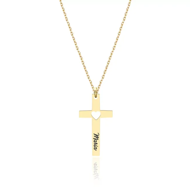 Lantisor Argint 925 Premium dama - cruce cu inima decupata si personalizata cu text (27 mm)
