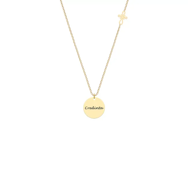 Lantisor Aur dama, cruce stilizata si banut,  personalizat (10 & 12 mm)