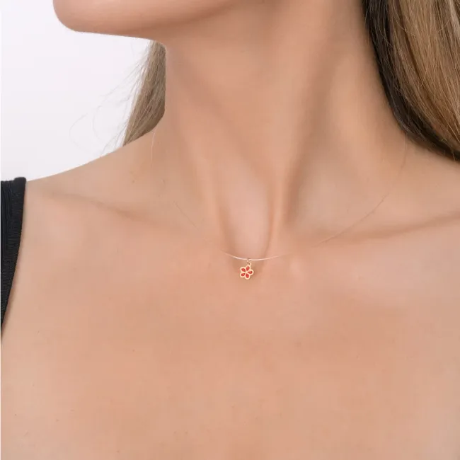 Lantisor Dama Aur 14K, cu fir transparent si pandantiv floare (7 mm )