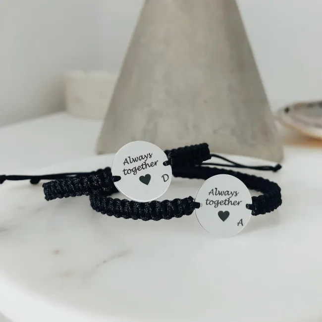 Bratari cuplu Argint 925 Premium, banuti personalizati cu text si snur reglabil (17 mm) picture - 5