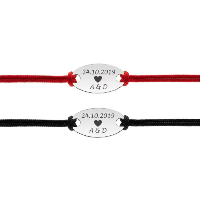 Bratari cuplu Argint 925 Premium, ovaluri personalizate cu text si snur gros reglabil (22 mm)