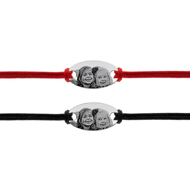 Bratari cuplu Argint 925 Premium, ovaluri personalizate cu poza si snur gros reglabil (22 mm)