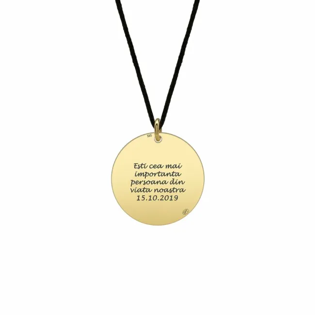 Pandantiv Aur 14K Premium, personalizat cu text, banut mediu (15 mm)