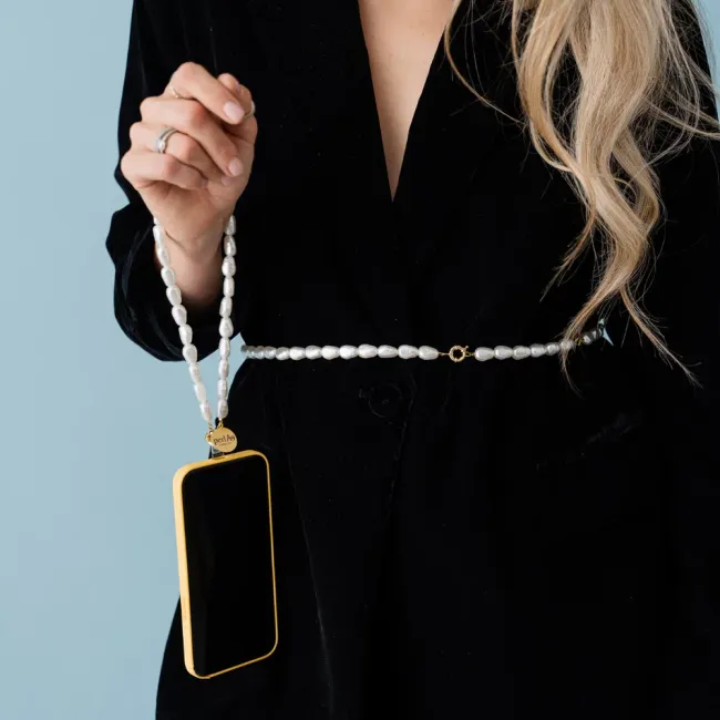 Perla9 Lant telefon / Colier / Curea THE ESSENTIAL accesoriu unisex multifunctional din perle sintetice - placat cu argint
