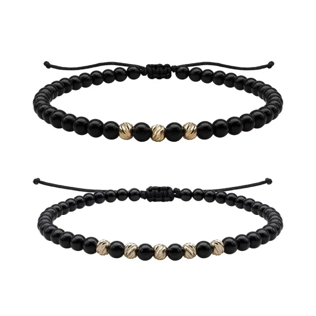 Bratari cuplu Aur 14K Premium, snur reglabil, onix si bilute (4 mm)