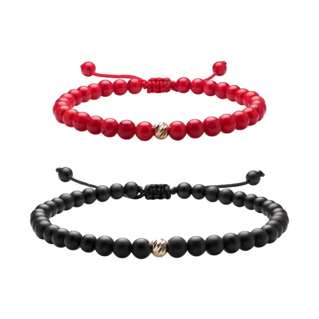 Bratari cuplu Aur 14K Premium, snur reglabil, onix si coral rosu si biluta ( 4mm)