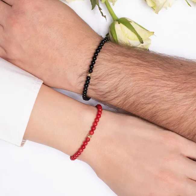 Bratari cuplu Aur 14K Premium, snur reglabil, onix si coral rosu si biluta ( 4mm)