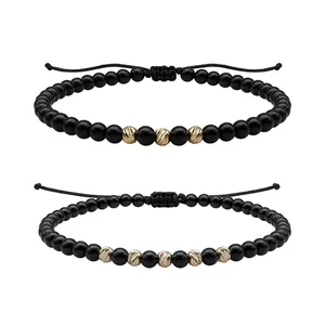 Bratari cuplu Aur 14K Premium, snur reglabil, onix si bilute (4 mm)